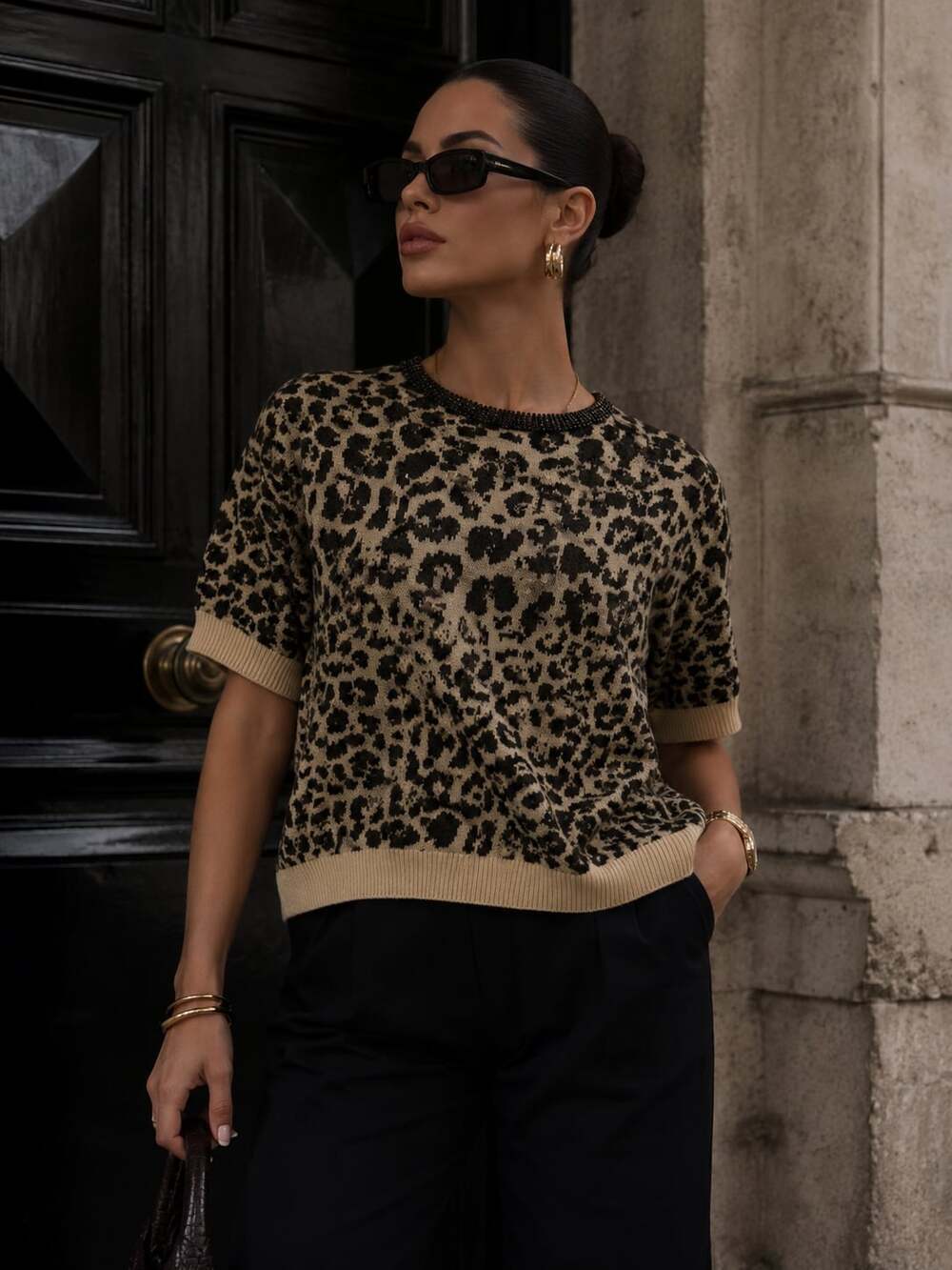 Jason Wu Leopard Print Alpaca Blend Sweater Beaded Neck Short Sleeve L
